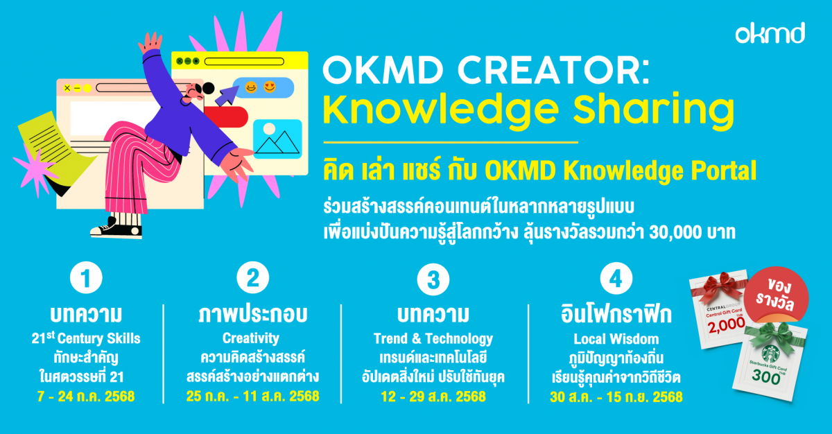 ขอชวนทุกคนมา คิด เล่า แชร์ กับ OKMD Knowledge Portal ในกิจกรรม “OKMD CREATOR: Knowledge Sharing” ขอชวนทุกคนมา คิด เล่า แชร์ กับ OKMD Knowledge Portal ในกิจกรรม “OKMD CREATOR: Knowledge Sharing”
