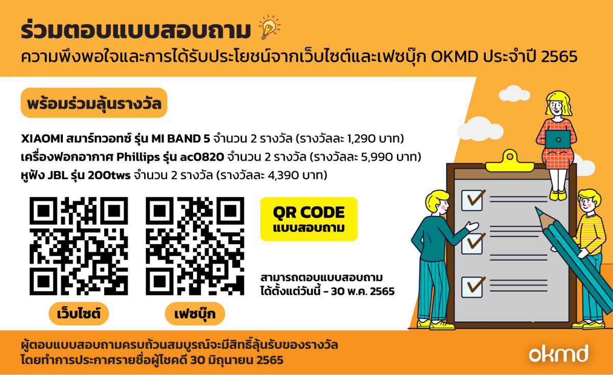 ขอเชิญร่วมตอบแบบสอบถามความพึงพอใจและการได้รับประโยชน์จากเว็บไซต์และเฟซบุ๊ก OKMD ประจำปี 2565 ขอเชิญร่วมตอบแบบสอบถามความพึงพอใจและการได้รับประโยชน์จากเว็บไซต์และเฟซบุ๊ก OKMD ประจำปี 2565