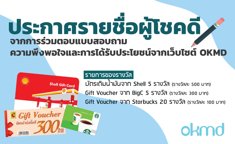 ประกาศรายชื่อผู้โชคดีจากการร่วมตอบแบบสอบถามกับ OKMD ประกาศรายชื่อผู้โชคดีจากการร่วมตอบแบบสอบถามกับ OKMD